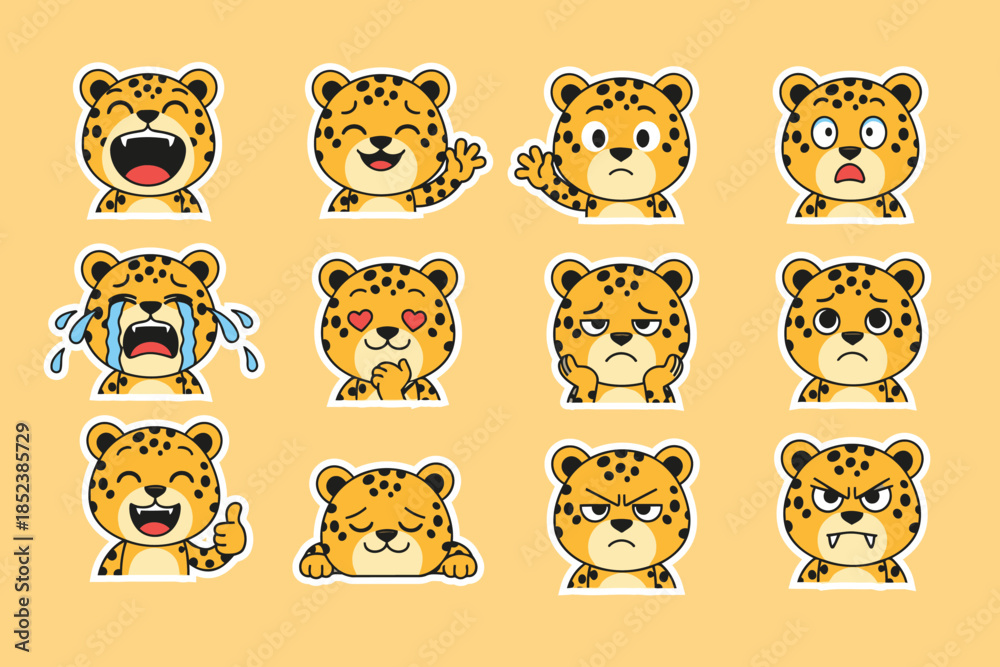 Obraz premium Cute cartoon leopard character set with various emotions: happy, sad, angry, surprised, in love, crying stickers on yellow background.