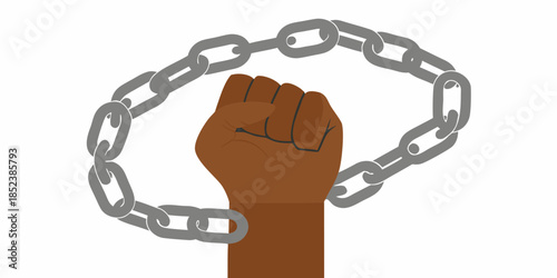 A clenched fist breaking free from metallic chains symbolizing resilience and liberation