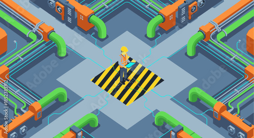 A skilled engineer in a hard hat meticulously oversees the intricate network of pipes and data connections within a modern industrial facility.