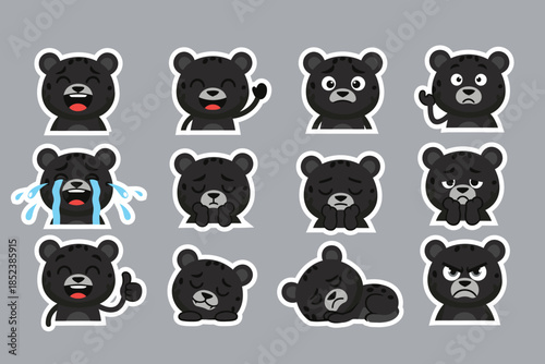 Cartoon Black Bear Emoticons Set: Expressing Diverse Emotions and Moods with Cute Vector Character