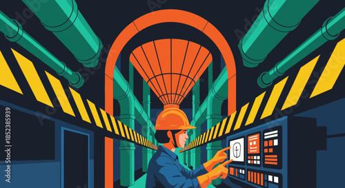 A dedicated industrial worker in a hard hat meticulously operates a complex control panel within a modern factory, overseeing automated production processes.