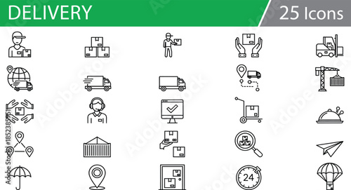 Grid of 30 black line icons for logistics, shipping, and delivery, ideal for supply chain vector illustration content