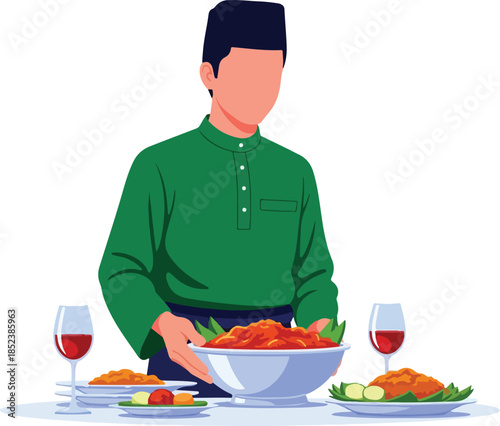 Man in traditional attire serves food with wine glasses nearby ready. Perfect for restaurant menus or cultural event promotions.