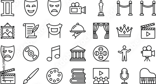 Entertainment and arts icon set featuring theater masks movie cinema music notes painting palette literature drama performance museum gallery film production creative media symbols