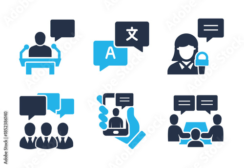 Public Speaking and Translation icon set. Solid glyph series icons