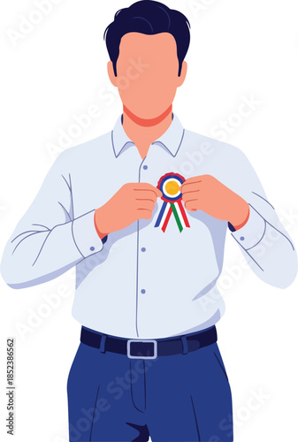 Faceless man attaching colorful award ribbon to shirt. Suitable for recognition, achievement, success concepts in business, education, or personal growth.