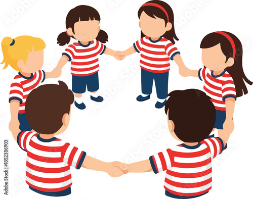 Group of kids holding hands in a circle. Perfect for illustrating friendship, teamwork, unity, childhood, diversity, community, togetherness themes.