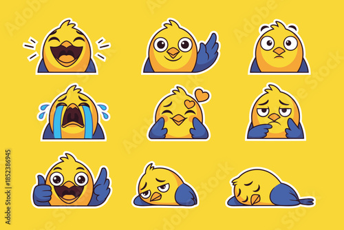 Cartoon yelow bird emoji set showing various emotions on yellow background for social media and design projects sticker icon set svg style editable 
