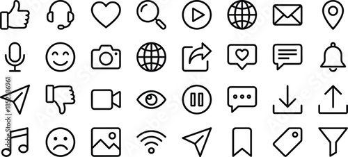 Minimalist technology line icons set for digital communication, smart electronic gadgets, social media interface, business networking, customer support, mobile devices, hardware, and global 