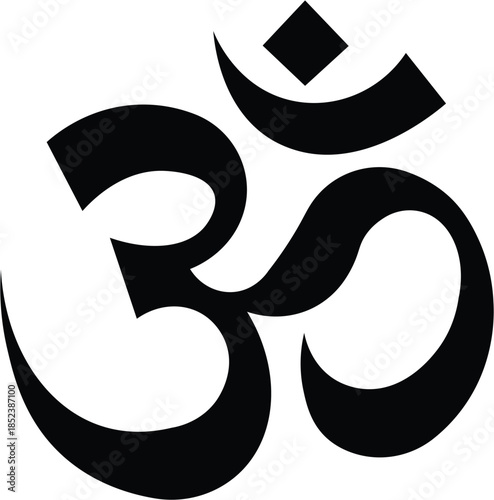A black and white graphic of the sacred Om symbol, a spiritual icon in Hinduism, Buddhism, and Jainism, representing the universe and ultimate reality.