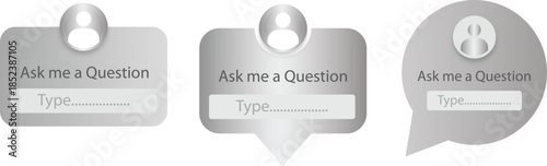 Three grey social media "Ask me a Question" interactive stickers with user profile icons and text input fields.