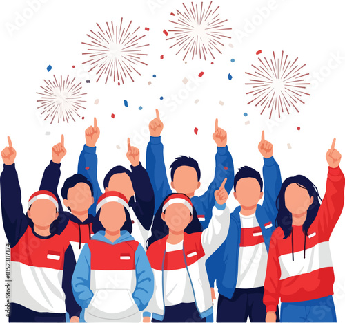 Crowd watches fireworks in celebration, arms raised in joy. Perfect for new years eve or fourth of july concepts.