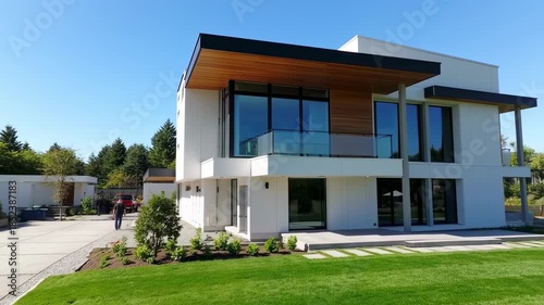 Modern, multi-story home with clean lines, wood accents, glass windows, and lush green lawn on sunny day