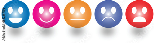 Five colorful emoji faces depicting a range of emotions from very happy to angry, with shadows underneath on a white background.