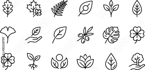 Nature leaf icons set for environmental conservation, organic product branding, ecology symbol, green energy, plant growth, garden landscaping, forest protection, sustainability, and vegan lifestyle.