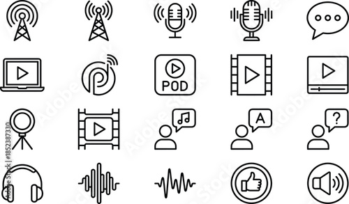 Podcast and broadcasting icon set featuring radio antenna microphone audio wave headphones video player streaming recording media communication signal speech bubble and digital sound symbols
