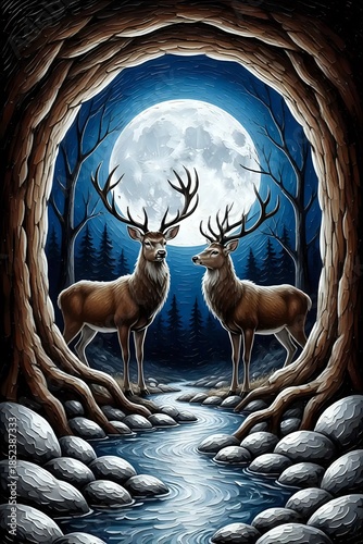 Deer in forest and  moon, the tree