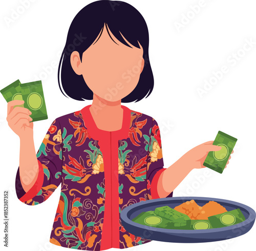 Woman in batik offers money for local food in indonesia. Suitable for travel, cultural, finance, and southeast asian themes.