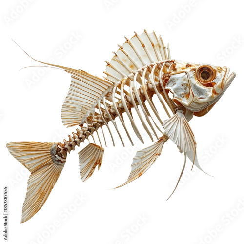 Detailed view of a fish skeleton, showing intricate bone structure