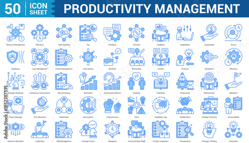 Productivity Management blue style editable Icon Set Collection Concept With Icon Of resource management, efficiency, team building, feedback, inclusion, feedback. Illustration eps 10