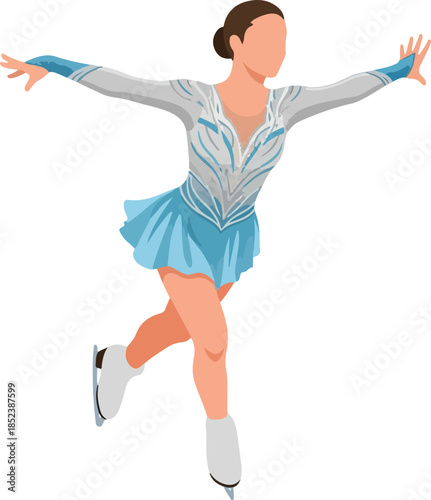 Female ice skater in blue and white dress gliding gracefully on ice. Perfect for winter sports, figure skating concepts.
