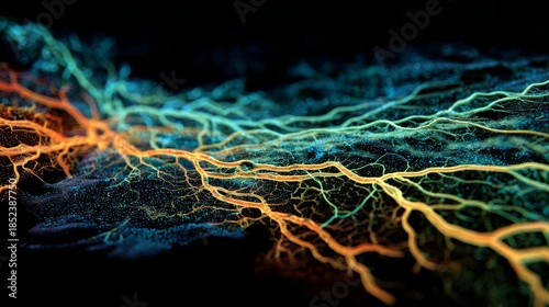 Mycelium network with bioluminescent neural pathways glowing
