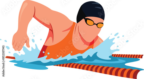 Swimmer in swim cap doing front crawl energetically. Perfect for water sports, fitness, and active lifestylethemed designs.