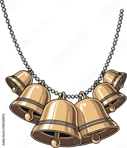 Golden bells on a chain, shiny decorative accessory