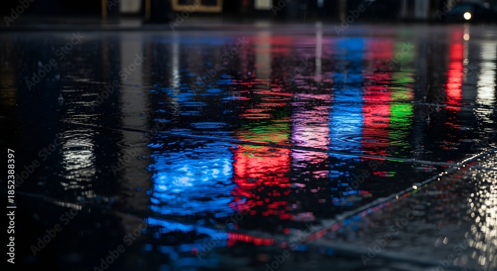 Obraz premium Rainy night reflection of vibrant colorful lights on a wet city pavement