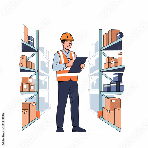 Warehouse inspector in safety vest auditing stock on shelves