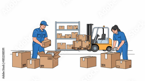 Warehouse team packing boxes and operating forklift for shipping