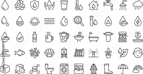 Water resource icon set featuring plumbing drop conservation sanitation recycling purification irrigation utility household liquid supply nature environment sustainability ecology marine filtration 