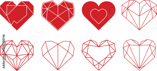 A collection of eight geometric heart shapes in red and white, showcasing various faceted and outline designs for modern graphic resources.