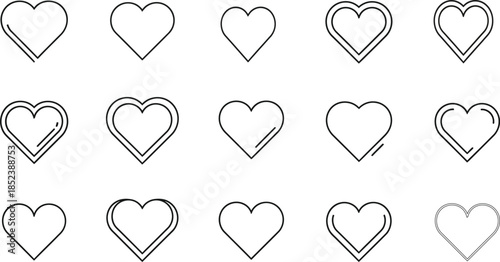 A collection of various heart icons in black line art on a white background, representing love and romance in different styles.