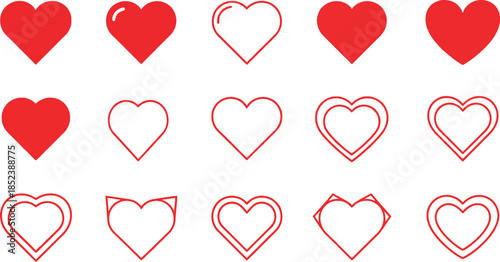A collection of red heart icons in various styles, including solid fills and outlines, arranged on a clean white background. valentines day