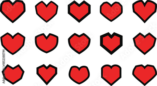 Stylized Red Hearts. A diverse collection of red heart icons with thick black outlines arranged in a grid pattern on a clean white background, featuring various geometric and rounded shapes.