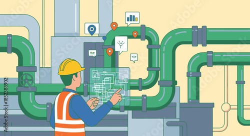 A skilled engineer in safety gear monitors industrial piping and machinery using a transparent digital interface, embodying smart factory automation.