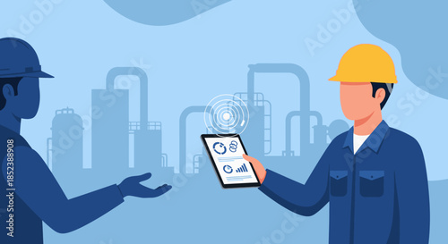 A skilled engineer presents critical operational data and strategic insights on a digital tablet to a colleague at an industrial facility.