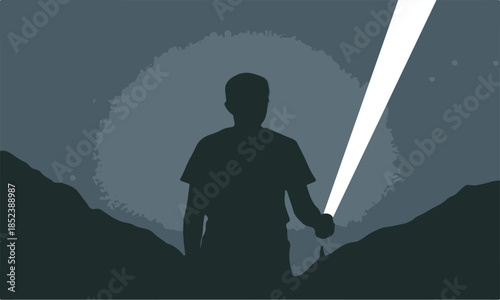 Man Holding Flashlight Silhouette Vector Exploring in the Dark
