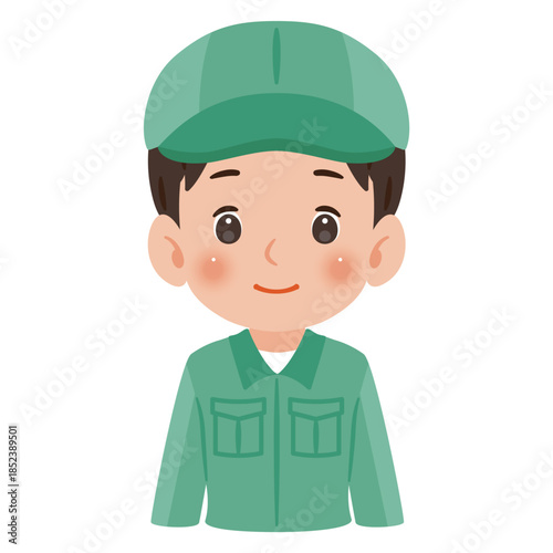 作業服を着て帽子を被った男性　上半身イラスト／Man wearing work clothes and a cap, upper body illustration