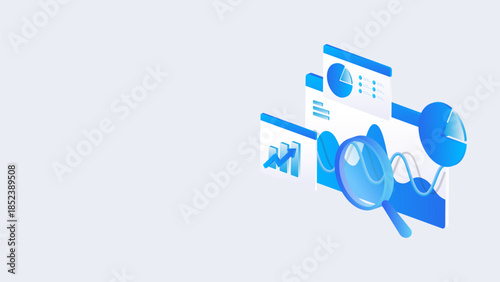 Isometric stock market dashboard data analysis with magnifying glass, charts, and financial insight in blue digital style.