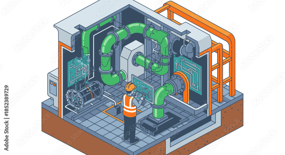 Obraz premium An isometric illustration depicts a technician monitoring complex industrial machinery with numerous green and orange pipes inside a cutaway building section.