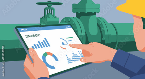 An industrial worker in a hard hat uses a digital tablet to perform diagnostic analysis on complex pipeline systems, ensuring efficient and safe operations.