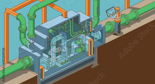 An isometric illustration depicts an industrial pump system with a worker in a hard hat and vest inspecting the complex machinery and green pipes using a digital tablet.