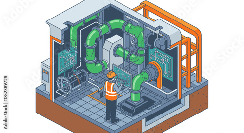 An isometric illustration depicts a technician monitoring complex industrial machinery with numerous green and orange pipes inside a cutaway building section.