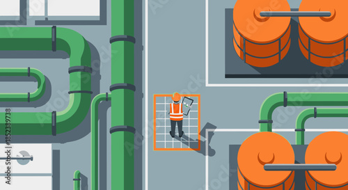 Overhead illustration of a worker in safety gear inspecting green pipes and orange tanks at an industrial plant, symbolizing modern manufacturing and infrastructure.