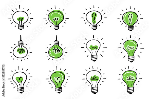 Light bulb idea icon set on white background. Symbol of creative idea, innovation, inspiration, and solution in green bulb concept. Set vector icons of power, energy, technology