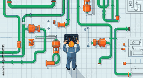 Overhead view of a professional analyzing an elaborate system of green pipes and orange valves, representing complex industrial operations and data flow.