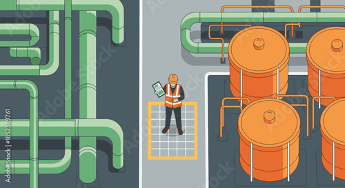 An industrial worker in safety gear meticulously inspects a complex network of green pipelines and large orange storage tanks at a modern plant.