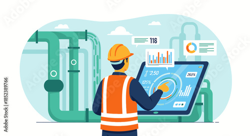 An engineer in a safety vest and hard hat monitors industrial processes and analyzes data on a digital tablet within a modern factory environment.